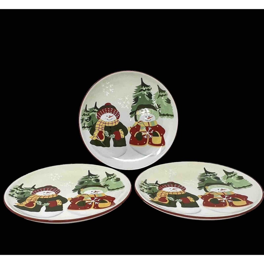 Red Ceramic Christmas Holiday 10 in Plate Snowman Great Gatherings Set of 3